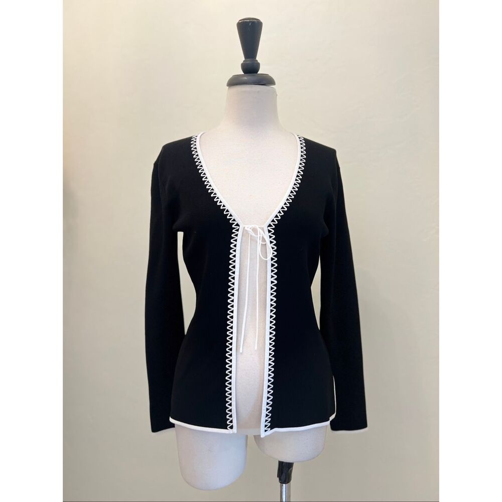 Vertigo Paris Womens Knit Open Front Tie Cardigan Sweater Black White Size Small